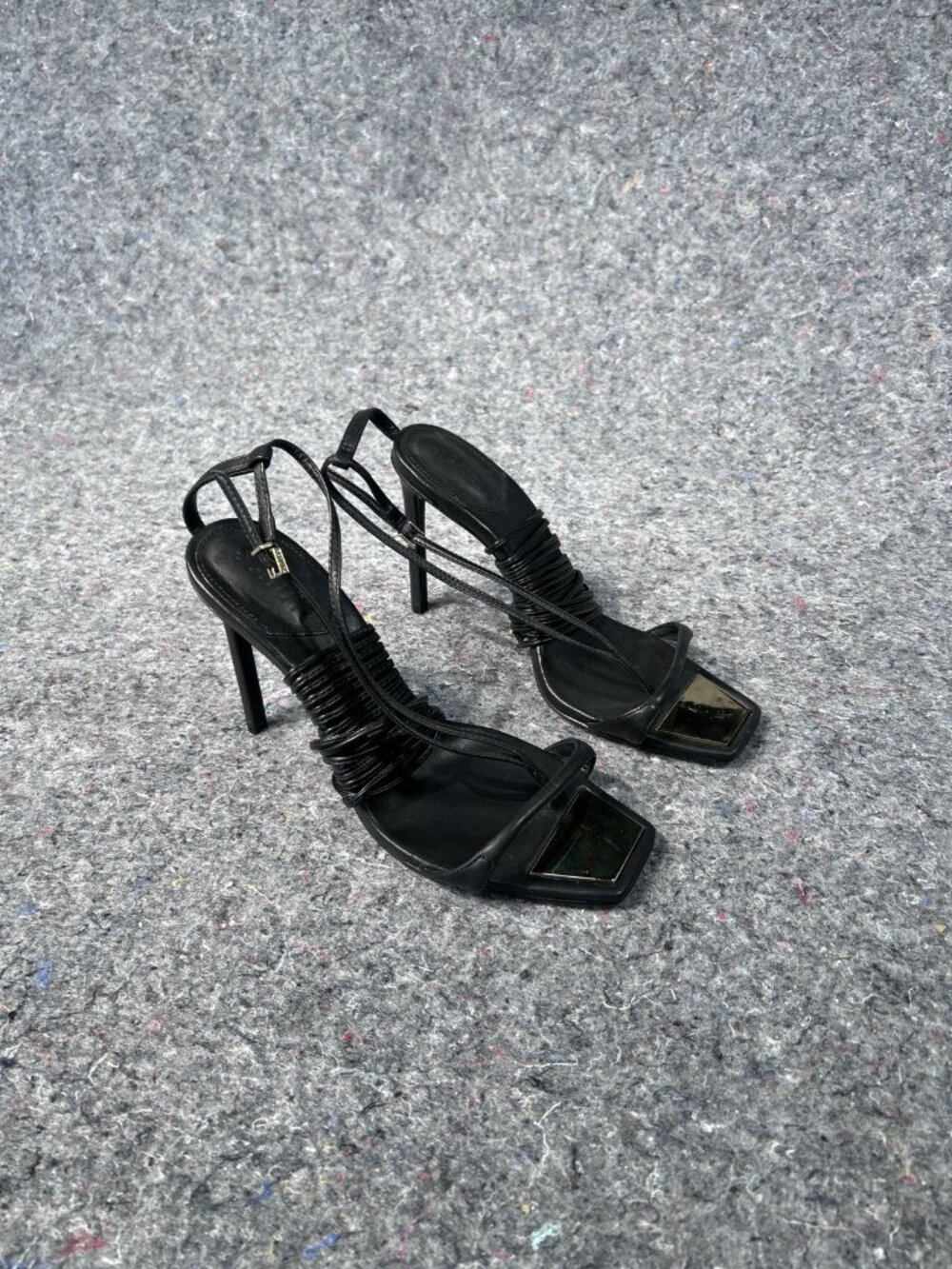 Schutz Black Leather Ruched Strap Slingback Heeled Sandals  Gold Toe Plate 7.5